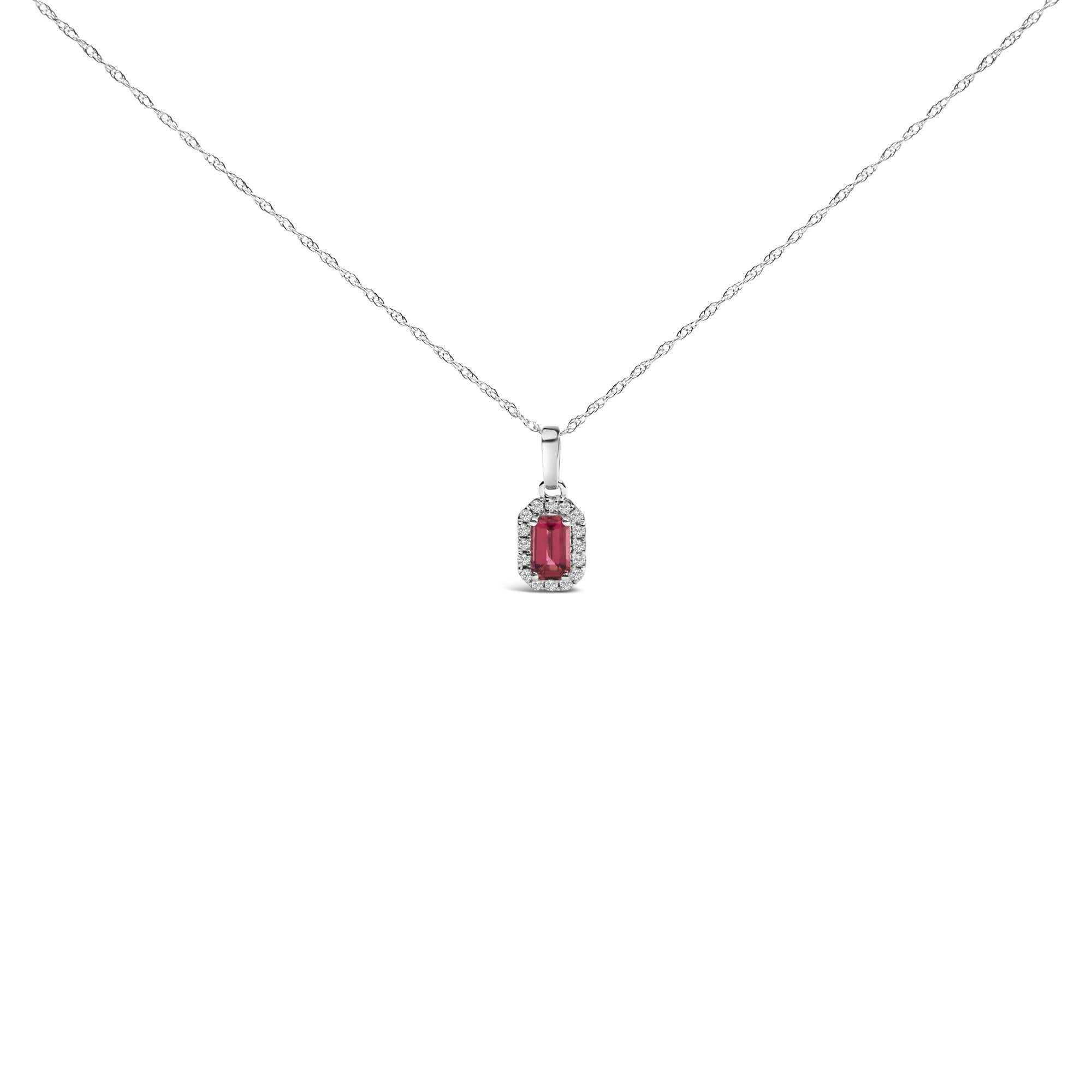 10K White Gold 5x3mm Gemstone and Diamond Accent Halo Octagonal Shape 18" Pendant Necklace (I-J Color, I1-I2 Clarity)