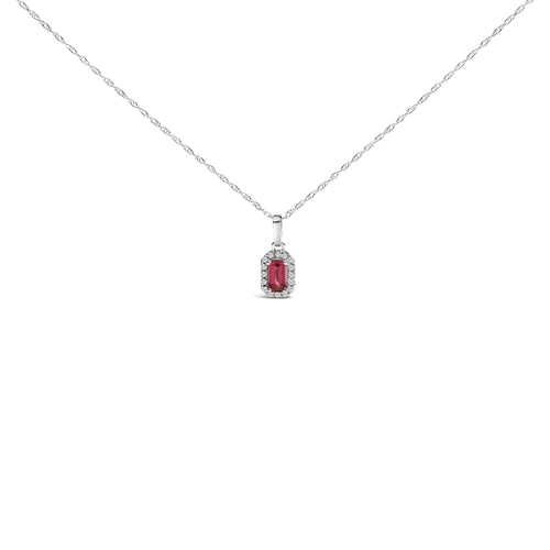 10K White Gold 5x3mm Gemstone and Diamond Accent Halo Octagonal Shape 18" Pendant Necklace (I-J Color, I1-I2 Clarity)