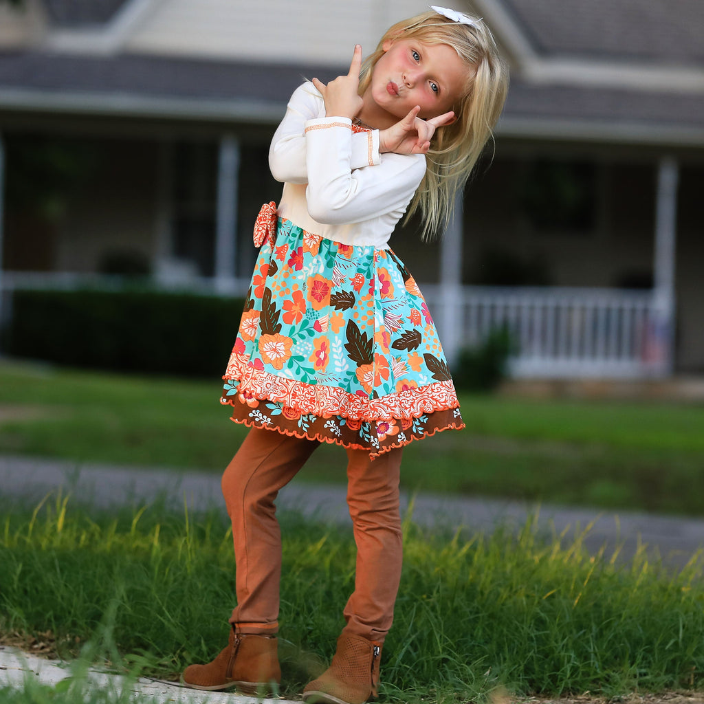 AnnLoren Girls Holiday Autumn Floral Ruffle Thanksgiving Dress & Leggings