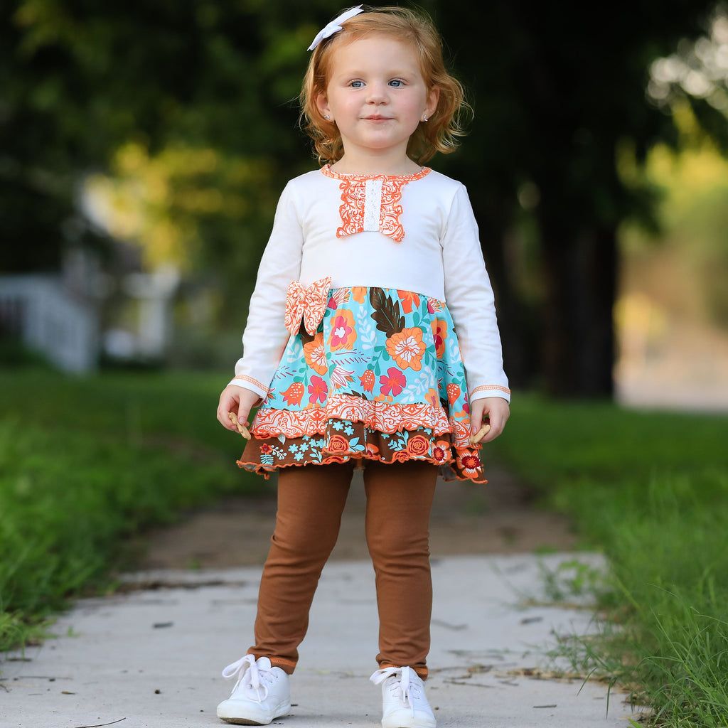 AnnLoren Girls Holiday Autumn Floral Ruffle Thanksgiving Dress & Leggings
