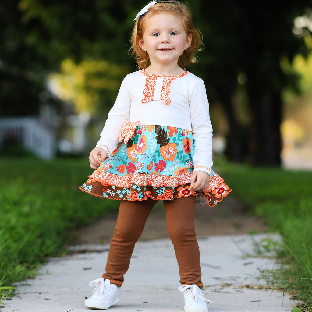 AnnLoren Girls Holiday Autumn Floral Ruffle Thanksgiving Dress & Leggings