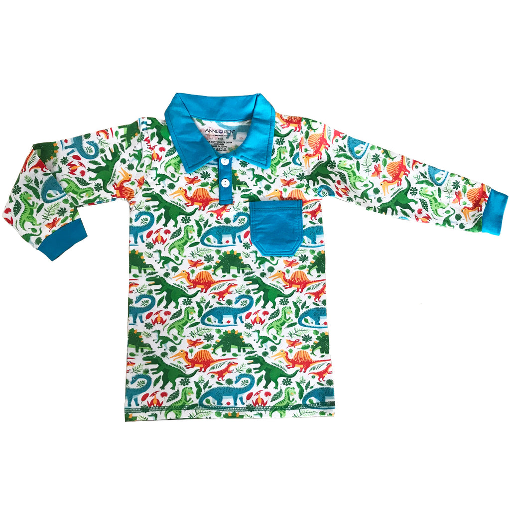 AnnLoren Toddler & Big Boys Long Sleeve Polo Shirt with Pocket Dinosaur Print