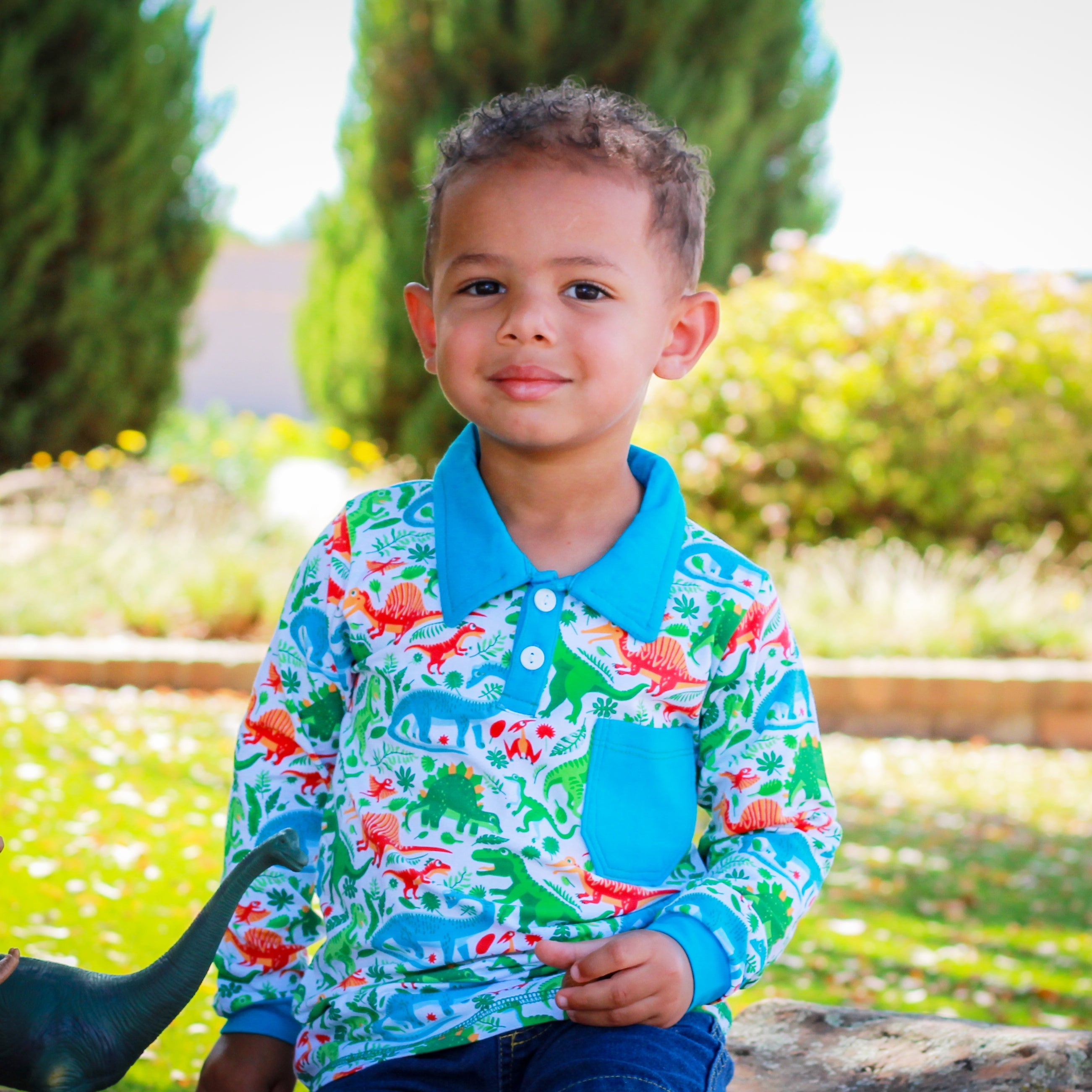 AnnLoren Toddler & Big Boys Long Sleeve Polo Shirt with Pocket Dinosaur Print