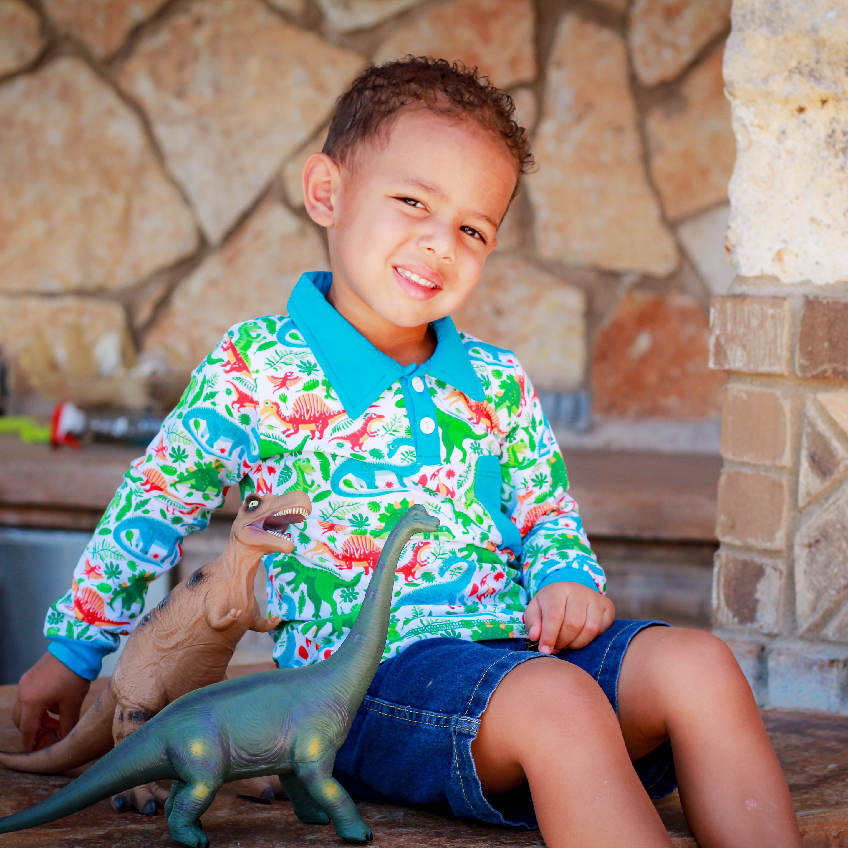 AnnLoren Toddler & Big Boys Long Sleeve Polo Shirt with Pocket Dinosaur Print