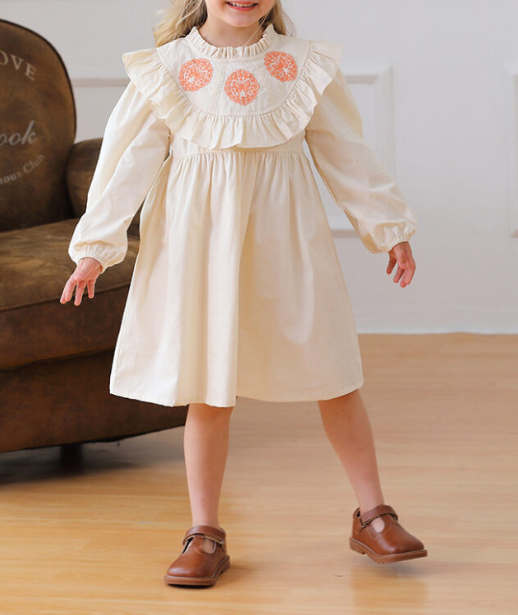 Arrival Autumn Girls Butterfly Embroidery Pattern Long Sleeves Ruffle Neck Dress