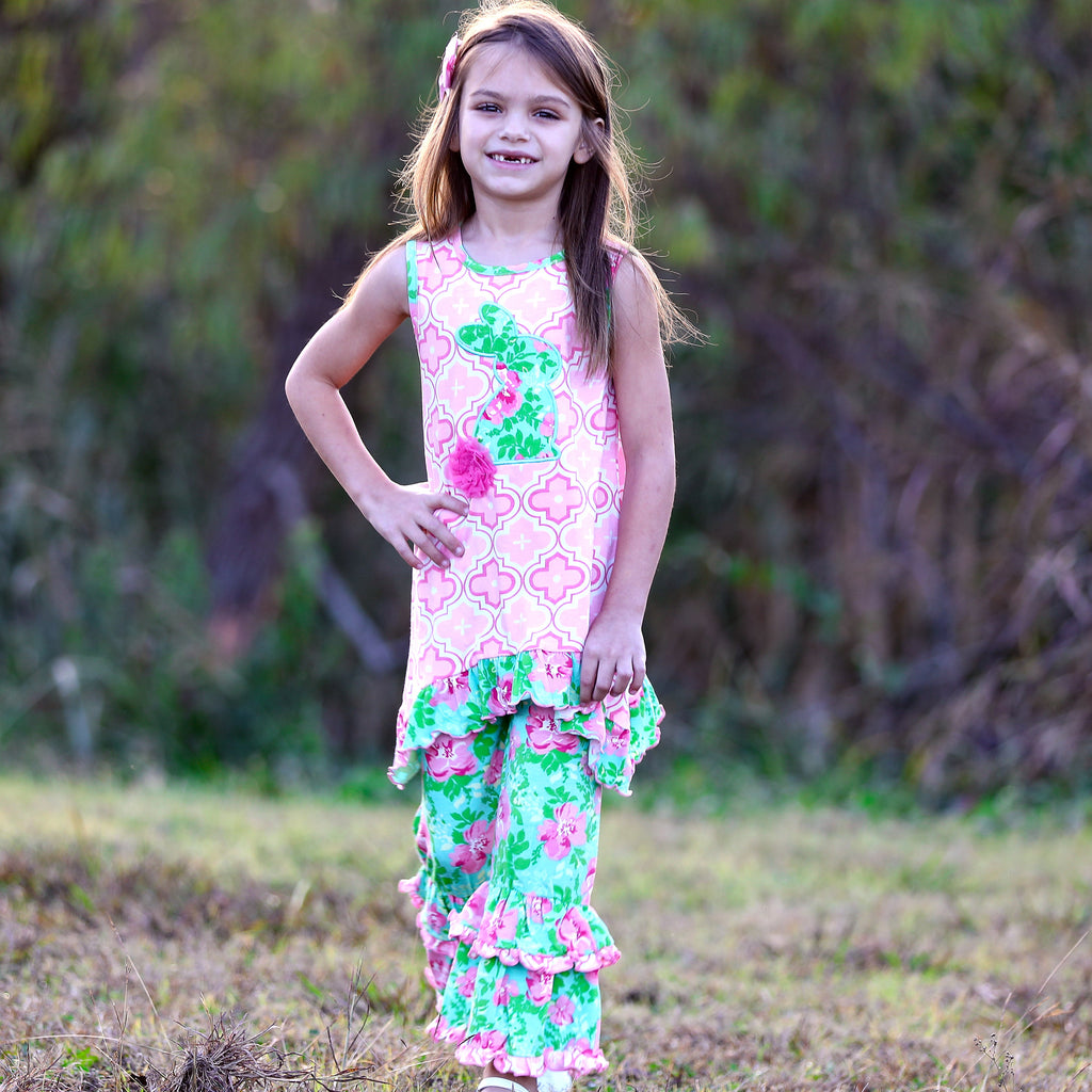AnnLoren Girls Easter Bunny Outfit Tunic Spring Floral Ruffle Capri Pants