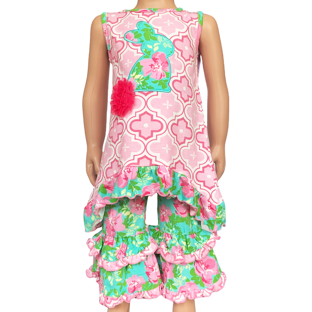 AnnLoren Girls Easter Bunny Outfit Tunic Spring Floral Ruffle Capri Pants