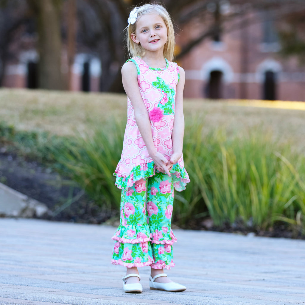 AnnLoren Girls Easter Bunny Outfit Tunic Spring Floral Ruffle Capri Pants
