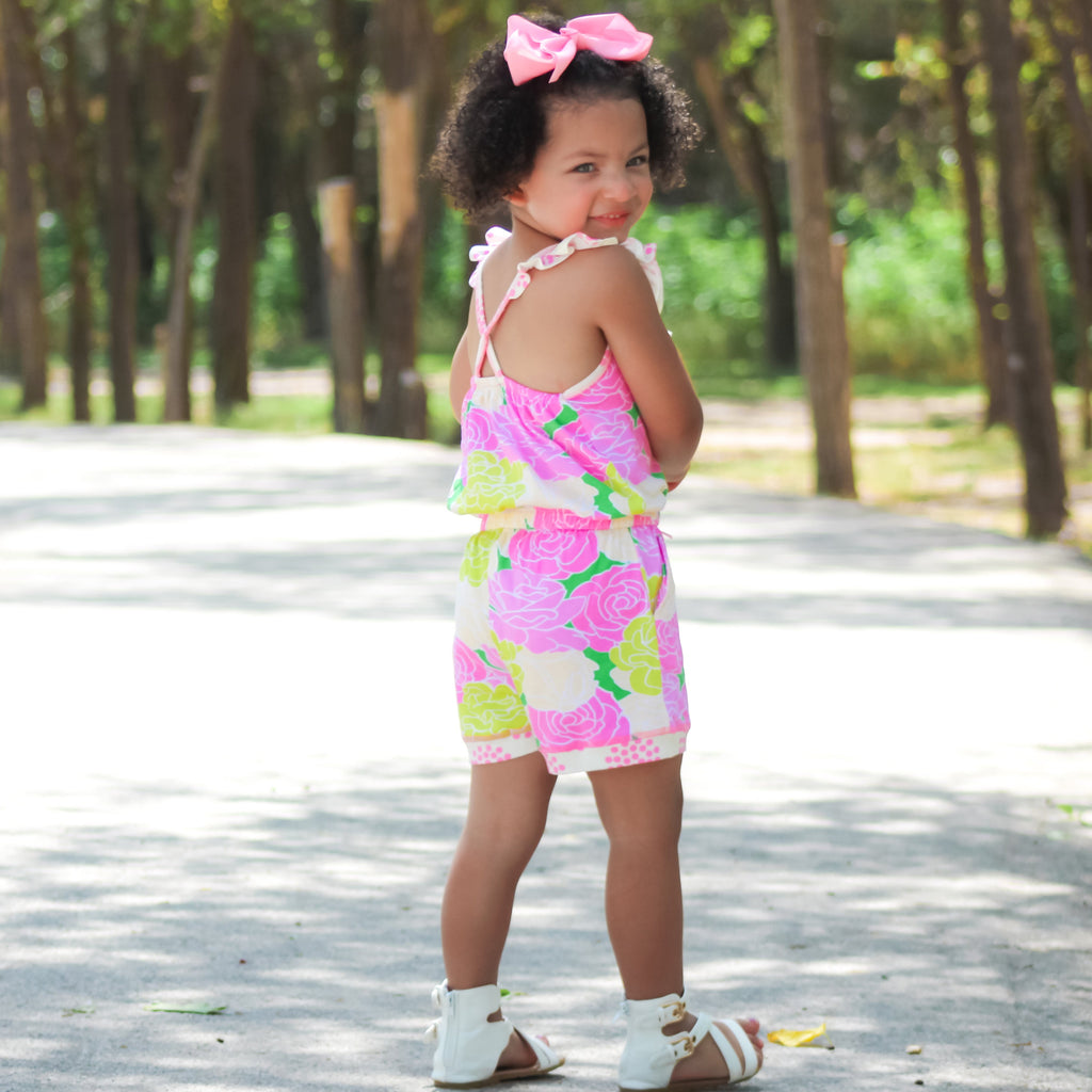 AnnLoren Girls Pink Bloom Floral Shorts Jumpsuit Summer One Piece Outfit