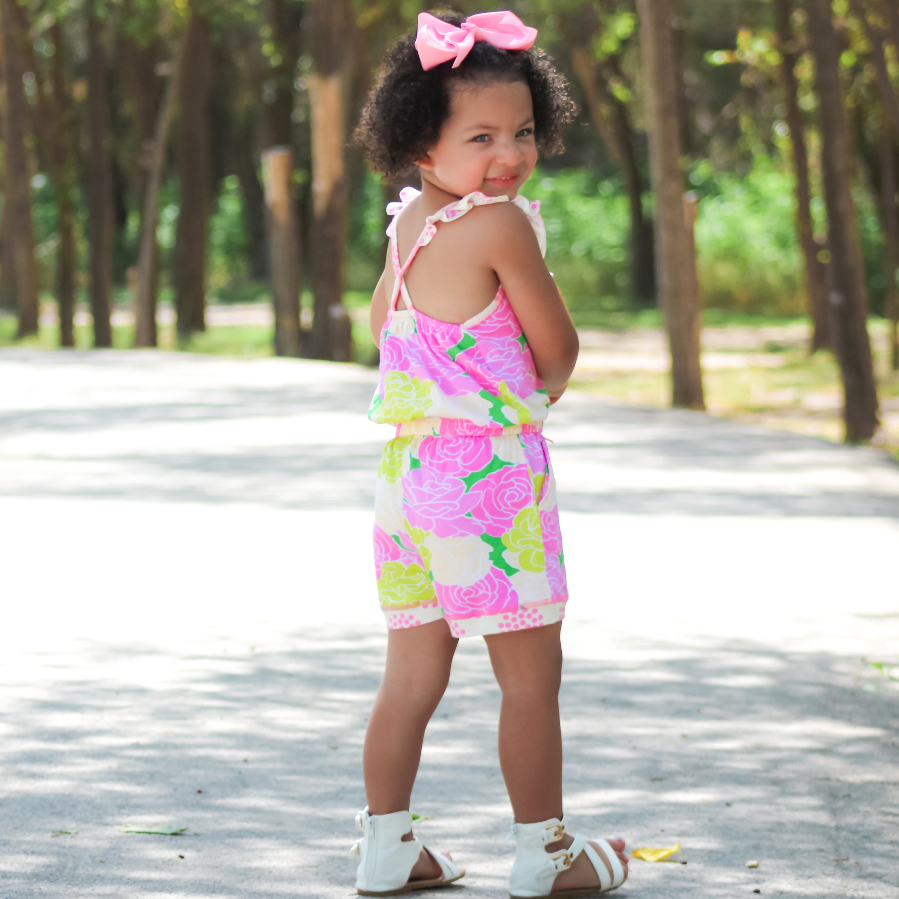 AnnLoren Girls Pink Bloom Floral Shorts Jumpsuit Summer One Piece Outfit