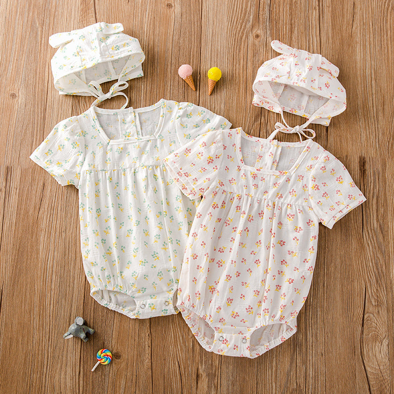 Baby Girl Floral Print Square Collar bodysuit With Hat