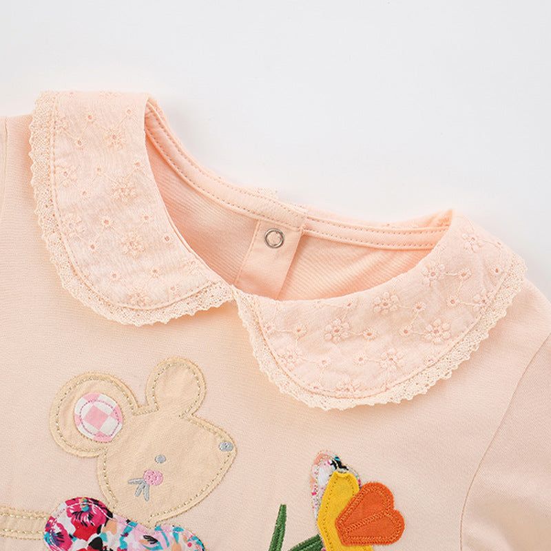 Autumn and Spring New Arrival Flowers Pattern Long Sleeves Peter Pan Collar Top for Stylish Girls