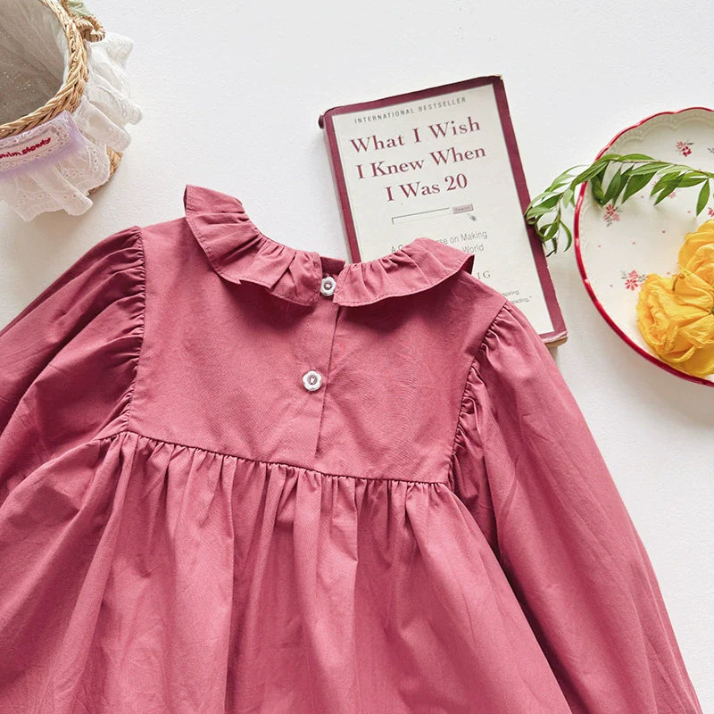 Autumn Arrival Baby Kids Girls Cherry Embroidery Pattern Long Sleeves Ruffle Collar Dress