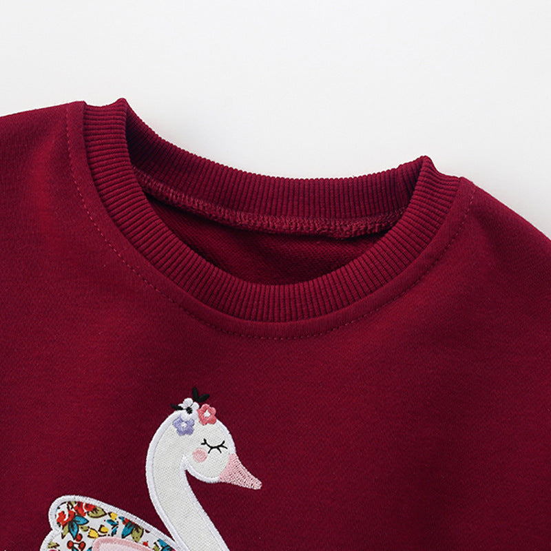 Autumn and Spring Arrival Cartoon Swans Pattern Long Sleeves Pullover with Tulle Decoration for Stylish Girls