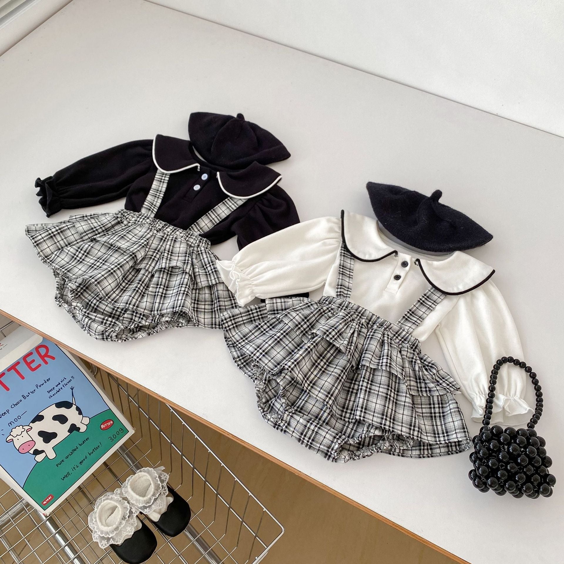 Arrival Autumn Baby Girls Long Sleeves Simple Top and Plaid Overalls Skirt- Clothing Set