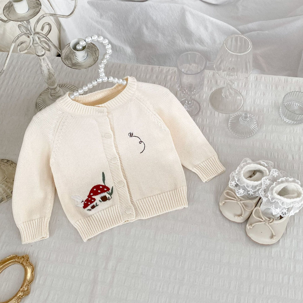 Autumn Arrival Baby Kids Unisex Comfortable Mushrooms Embroiedery Pattern Knitted Long Sleeves Cardigan