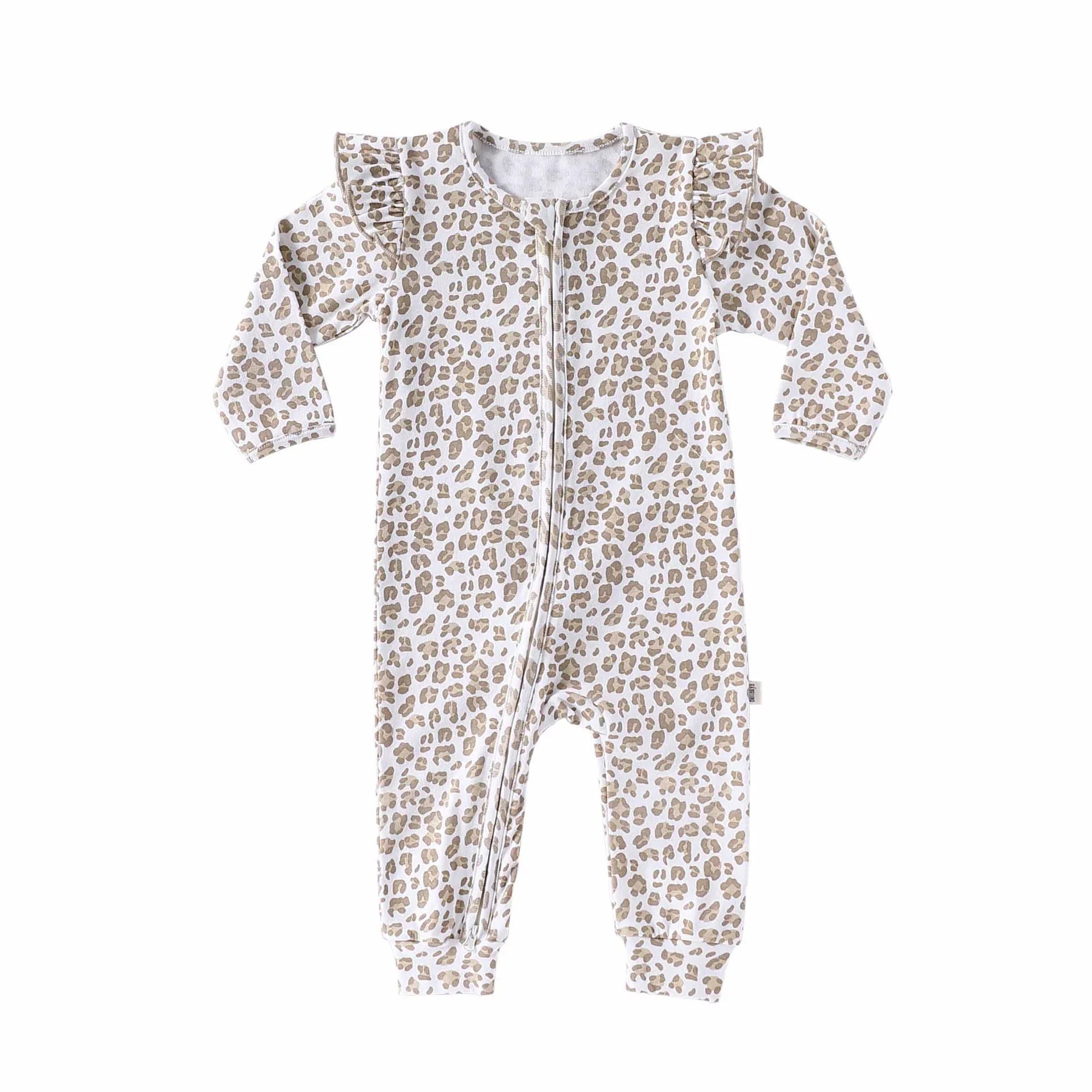Autumn Arrival Baby Unisex Long Sleeves Cute Leopard Pattern Zip-up Rompers