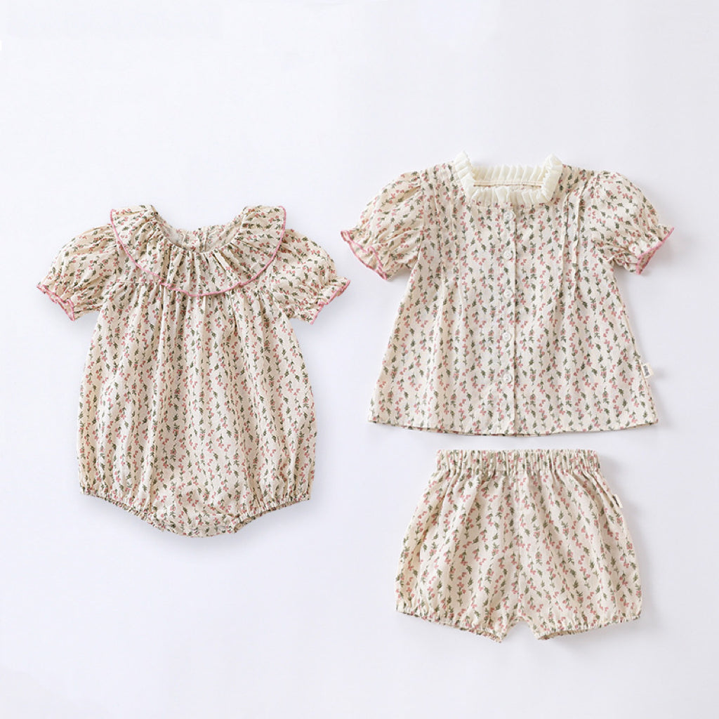 Baby Ditsy Flower Graphic Puff Sleeves bodysuit&Sets