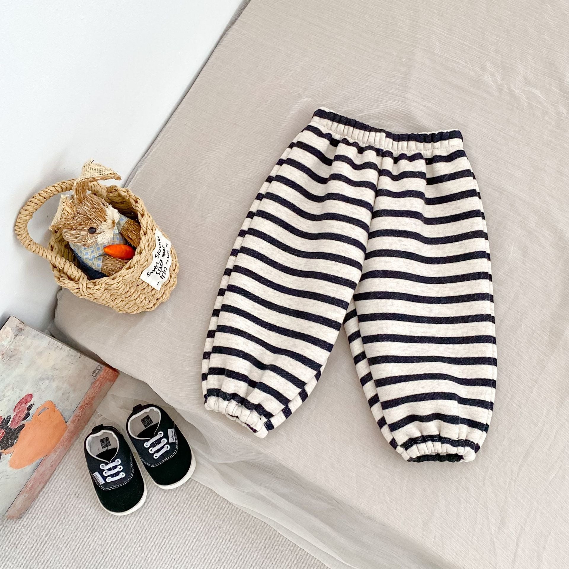 Autumn and Winter Arrival Casual Style Striped Pattern Fleece-Lined Pants for Baby and Kids