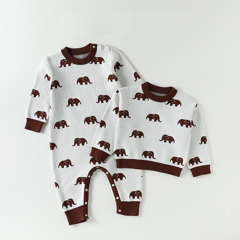 Autumn Arrival Baby Unisex Long Sleeves Animals Pattern Crew Neck Rompers