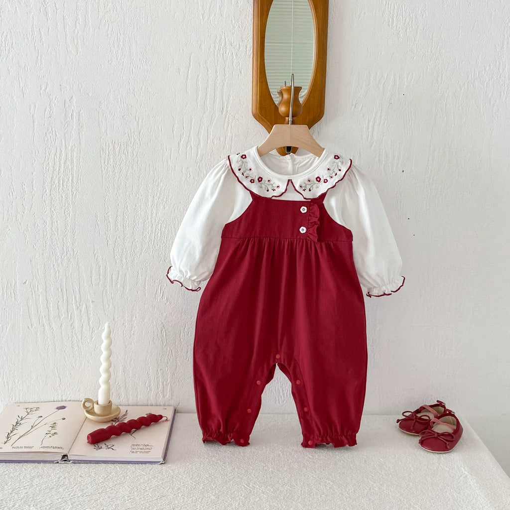 Autumn Arrival Baby Girls Long Sleeves Flowers Embroidered Pattern Collar Color Patchwork Rompers