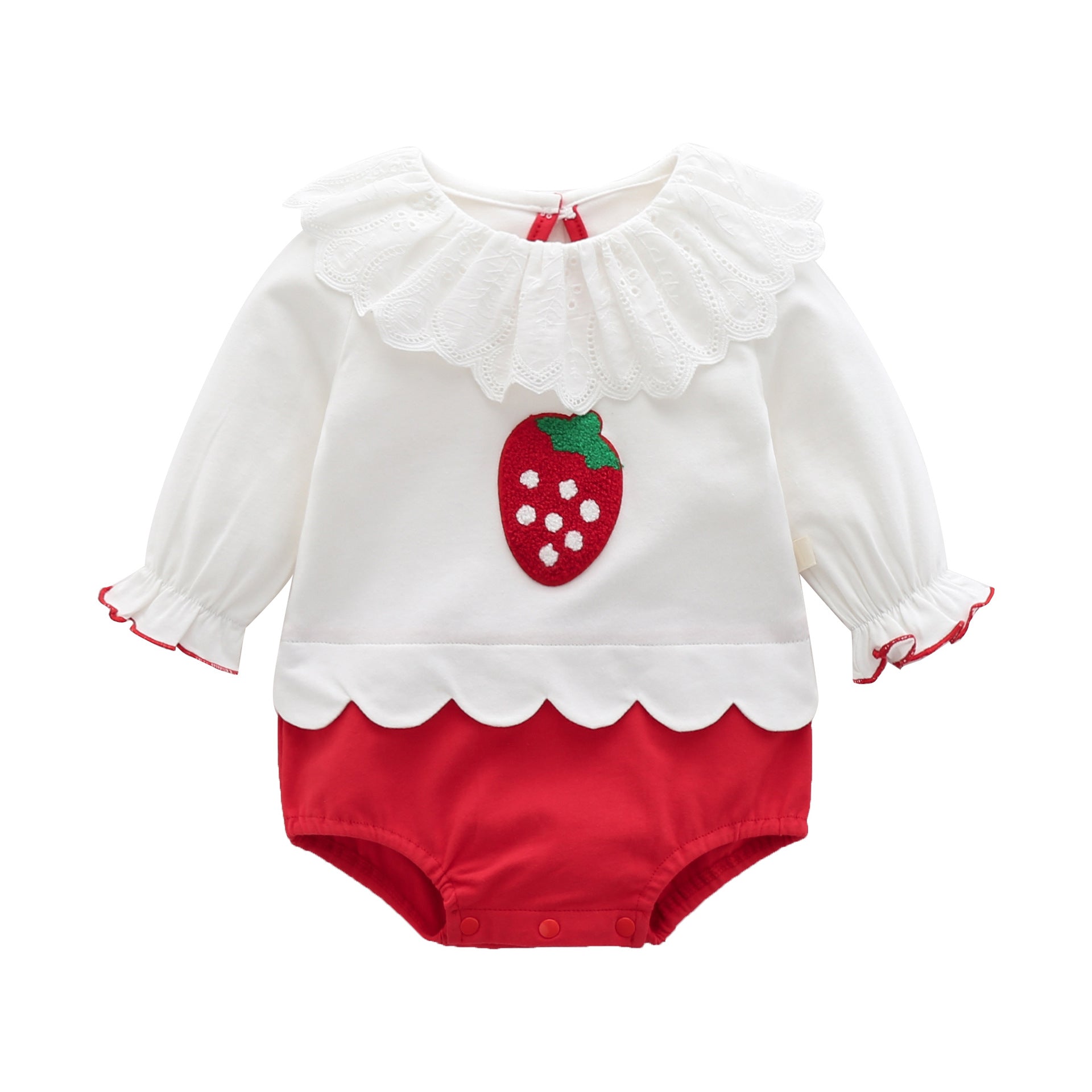 Baby Girl Strawberry Pattern Mesh Ruffle Neck Patchwork bodysuit Bodysuit