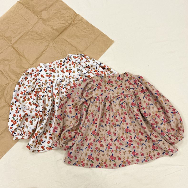 Baby Girls Floral Pattern Puff Sleeved Design Square-Neck Tops