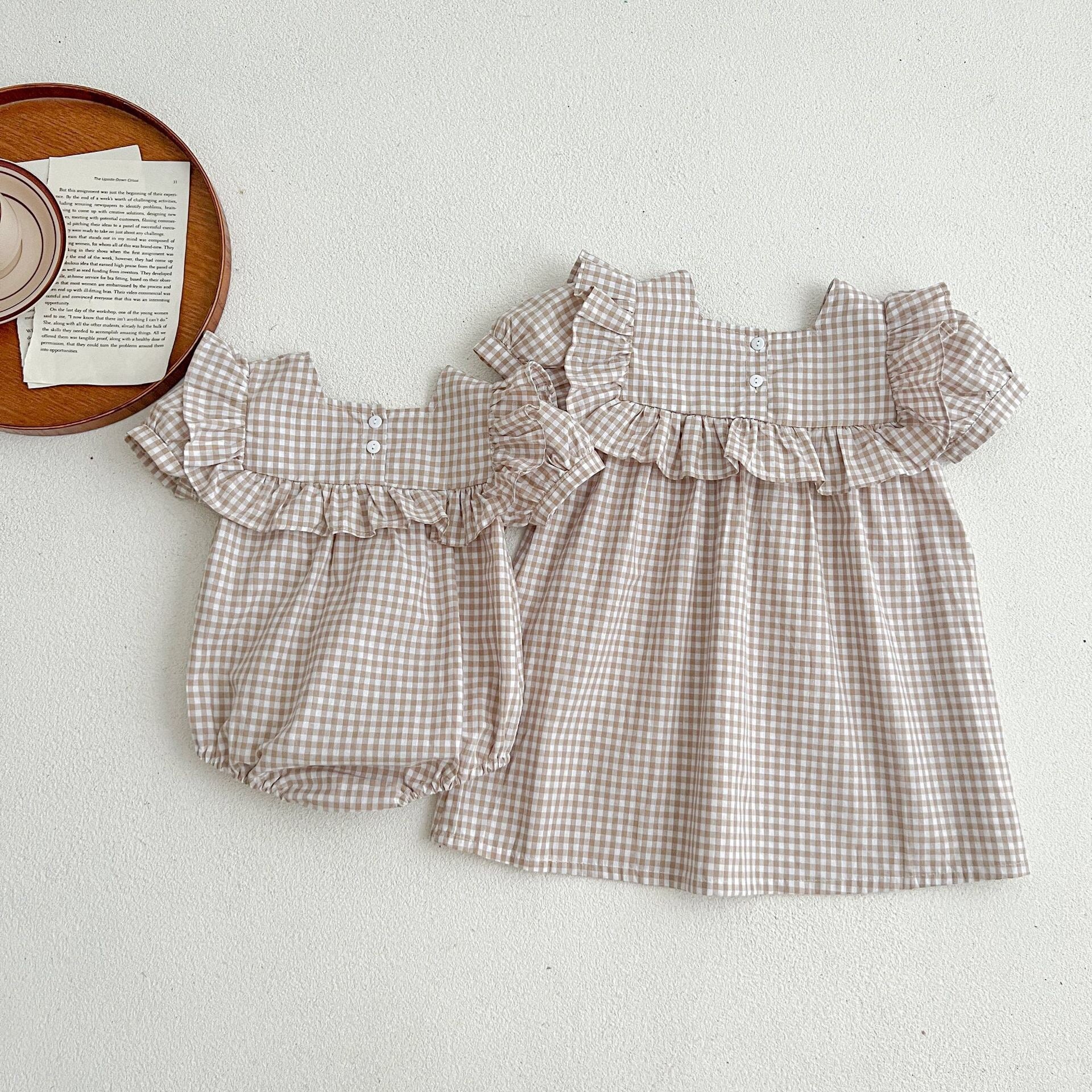 Baby Plaid Pattern Square Neck Puff Sleeves bodysuit & Dress