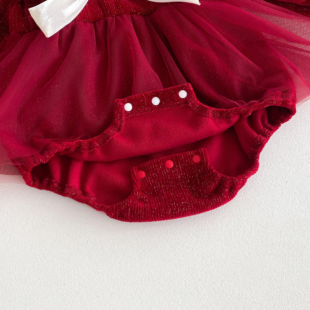Autumn Arrival Baby Girls Long Sleeves Red Ruffle Neck Patchwork bodysuit Dress