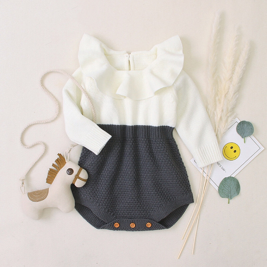 Baby Girl Contrast Graphic Ruffle Neck Design Long Sleeve Knitted bodysuit