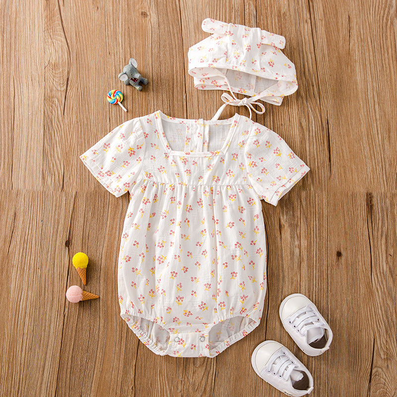Baby Girl Floral Print Square Collar bodysuit With Hat