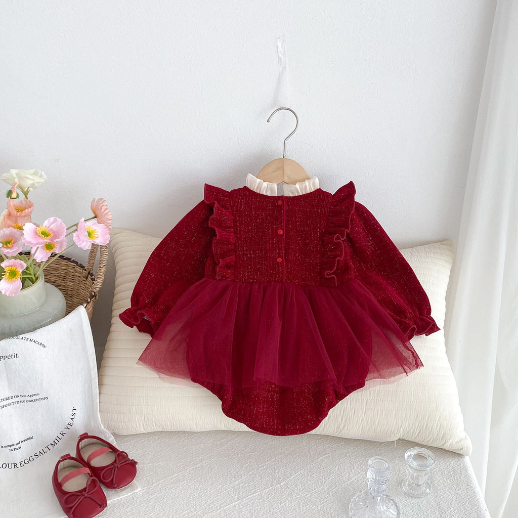 Autumn Arrival Baby Girls Long Sleeves Red Ruffle Neck Patchwork bodysuit Dress