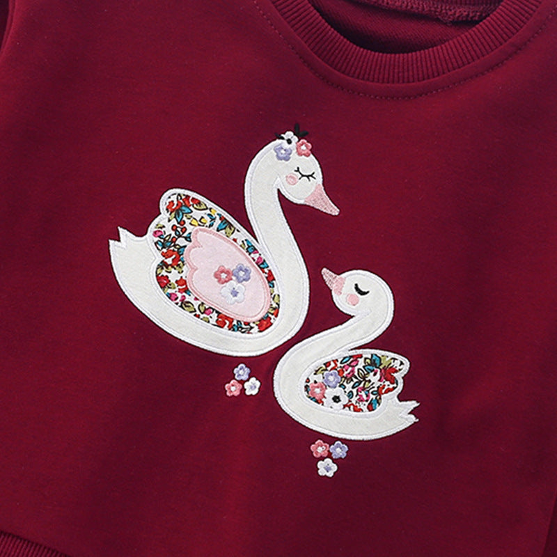 Autumn and Spring Arrival Cartoon Swans Pattern Long Sleeves Pullover with Tulle Decoration for Stylish Girls