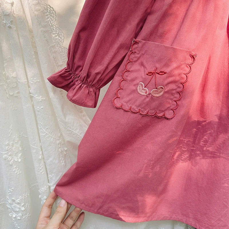 Autumn Arrival Baby Kids Girls Cherry Embroidery Pattern Long Sleeves Ruffle Collar Dress