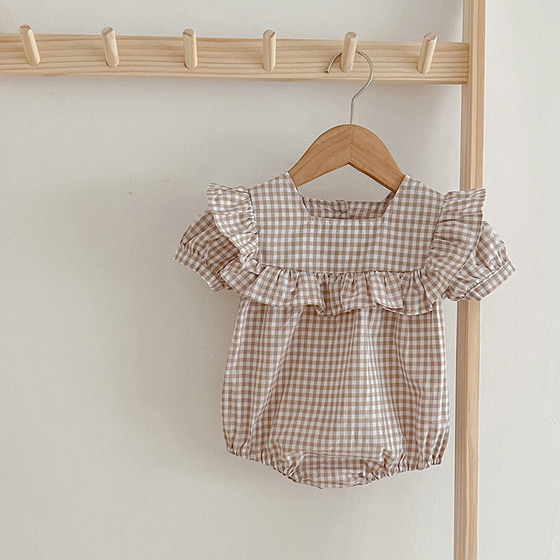 Baby Plaid Pattern Square Neck Puff Sleeves bodysuit & Dress