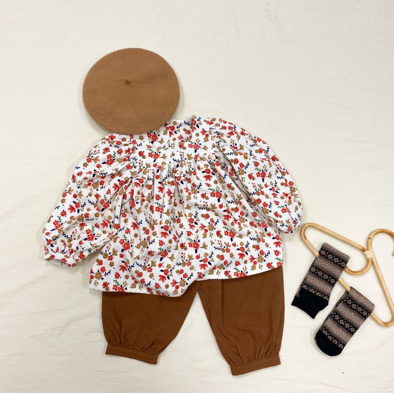 Baby Girls Floral Pattern Puff Sleeved Design Square-Neck Tops