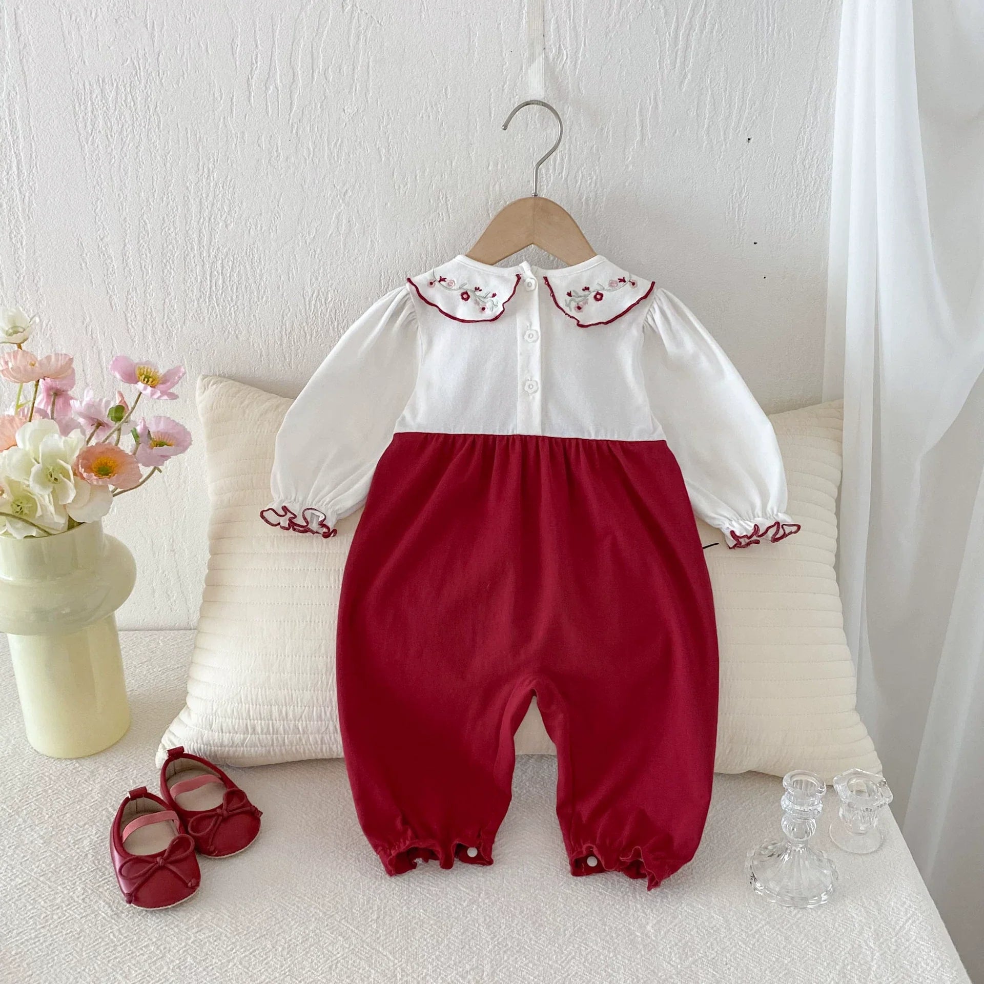 Autumn Arrival Baby Girls Long Sleeves Flowers Embroidered Pattern Collar Color Patchwork Rompers