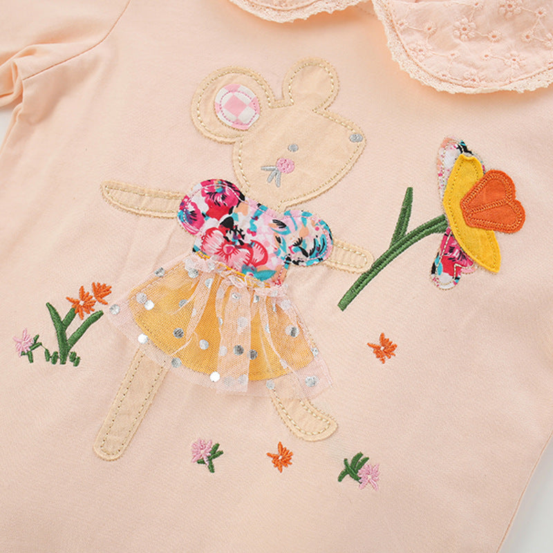 Autumn and Spring New Arrival Flowers Pattern Long Sleeves Peter Pan Collar Top for Stylish Girls