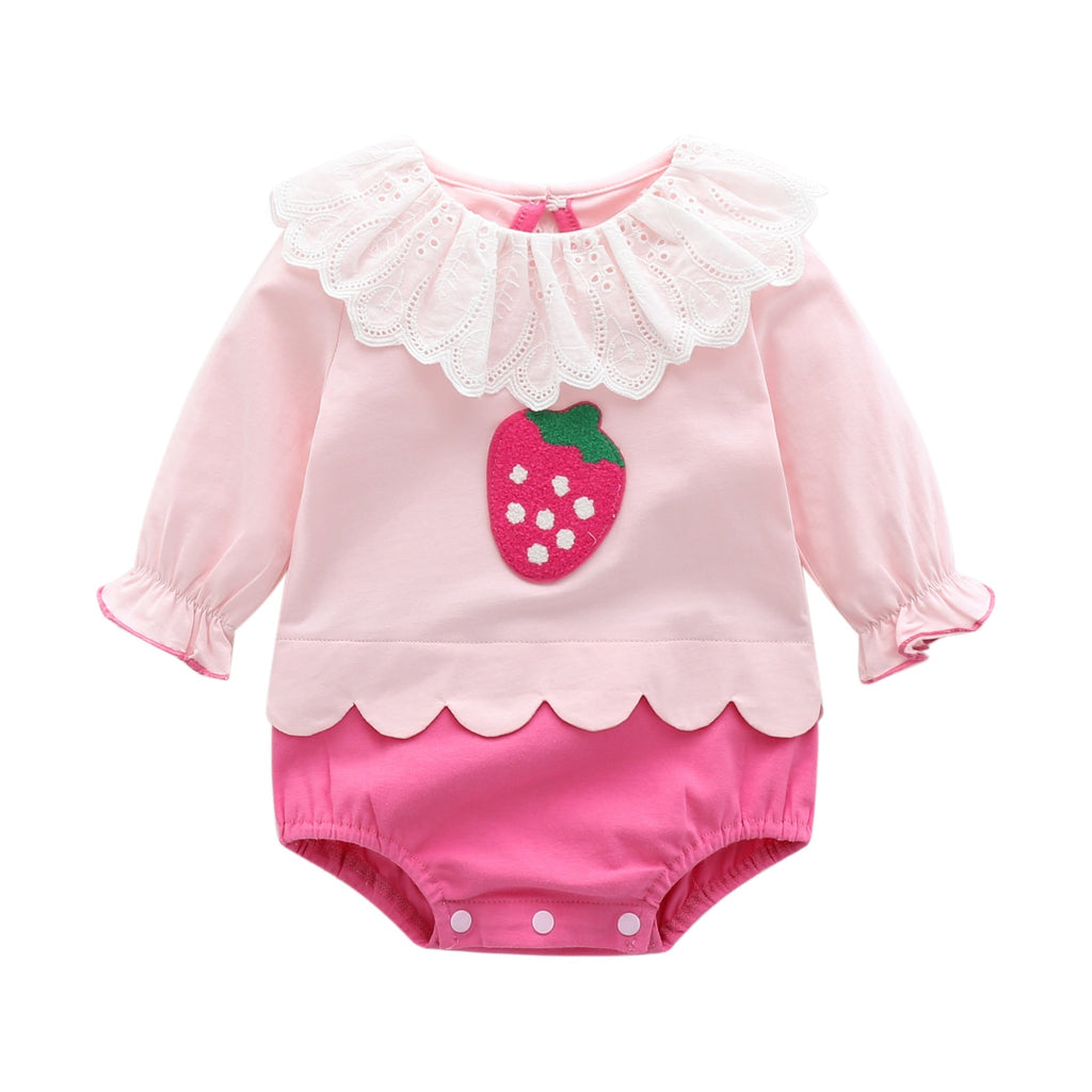 Baby Girl Strawberry Pattern Mesh Ruffle Neck Patchwork bodysuit Bodysuit