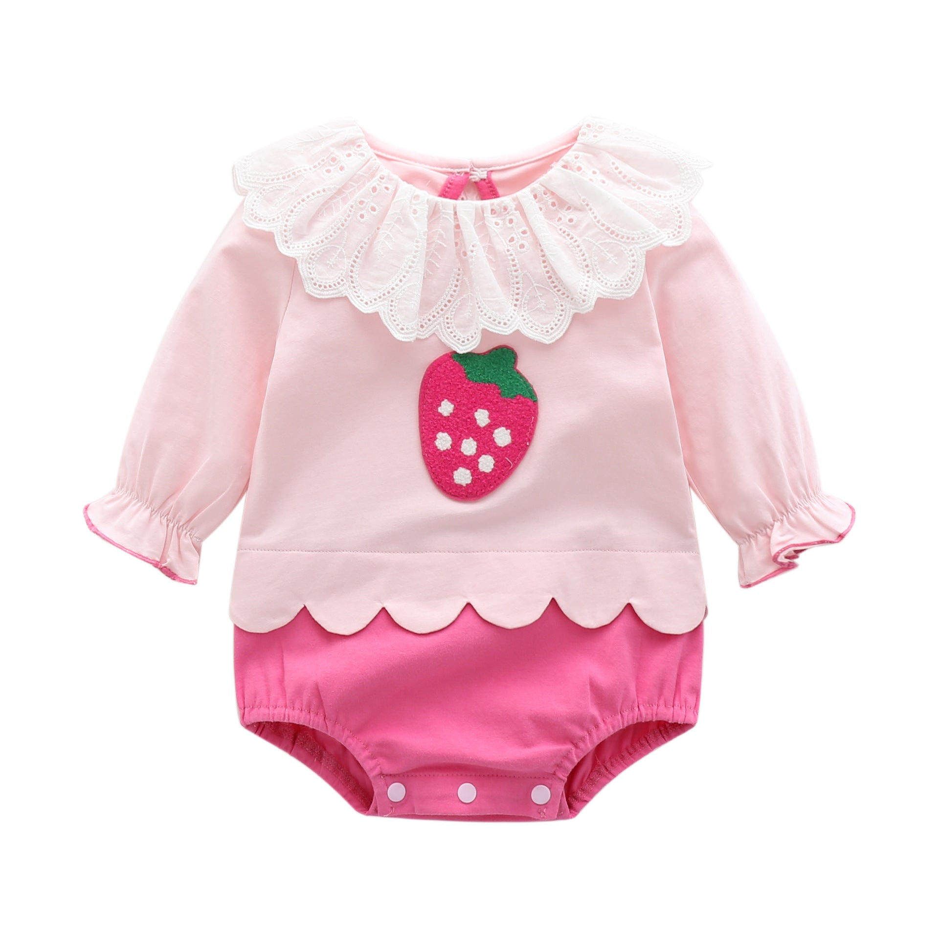 Baby Girl Strawberry Pattern Mesh Ruffle Neck Patchwork bodysuit Bodysuit