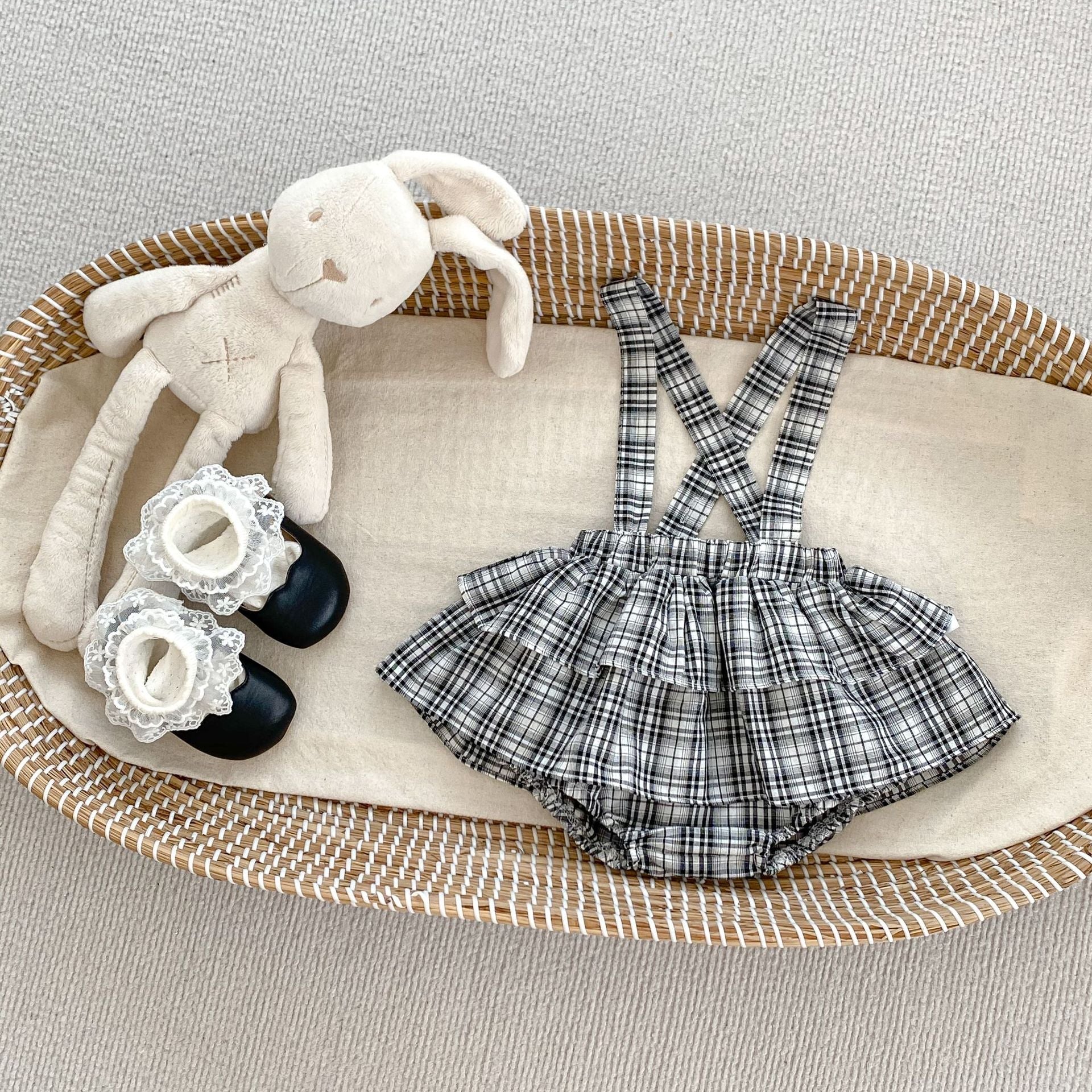 Arrival Autumn Baby Girls Long Sleeves Simple Top and Plaid Overalls Skirt- Clothing Set