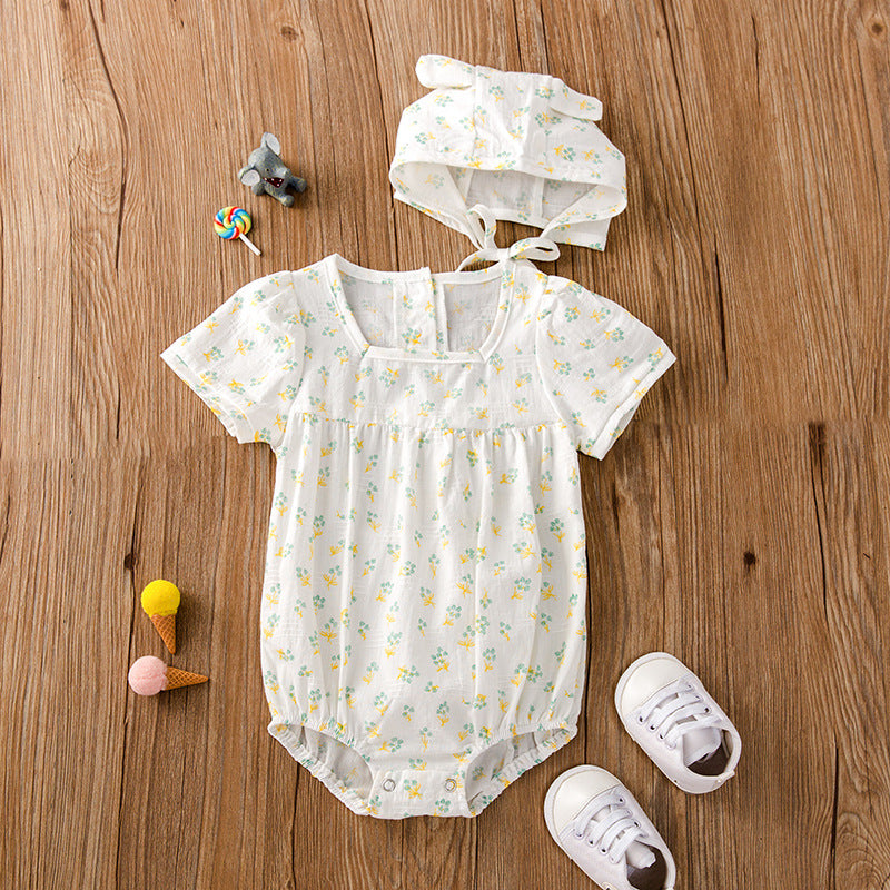 Baby Girl Floral Print Square Collar bodysuit With Hat