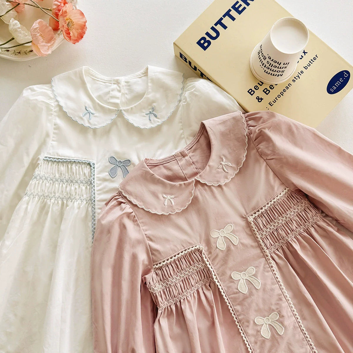 Arrival Autumn Girls Butterfly-bows Embroidery Pattern Long Sleeves Dress