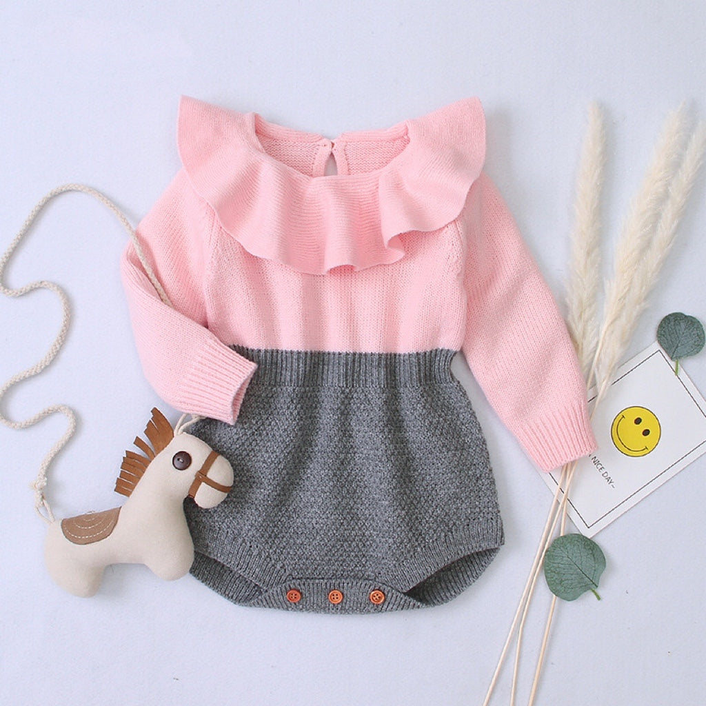 Baby Girl Contrast Graphic Ruffle Neck Design Long Sleeve Knitted bodysuit