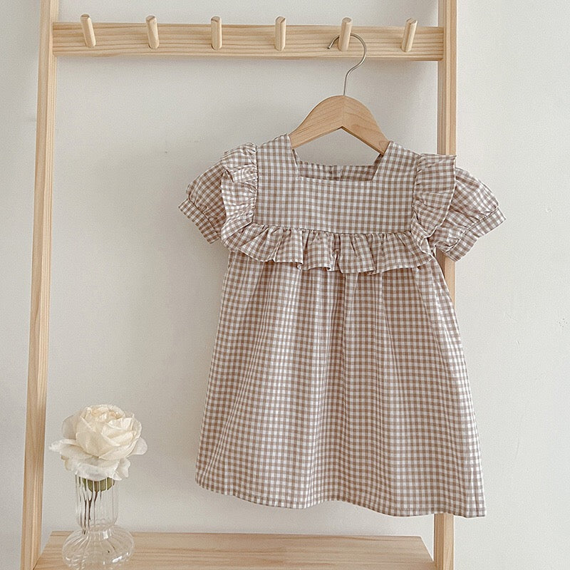 Baby Plaid Pattern Square Neck Puff Sleeves bodysuit & Dress