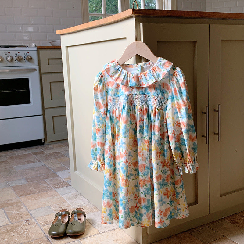 Arrival Autumn Girls Cute Colorful Flowers Painting Pattern Long Sleeves Dress with Ruffle Collar