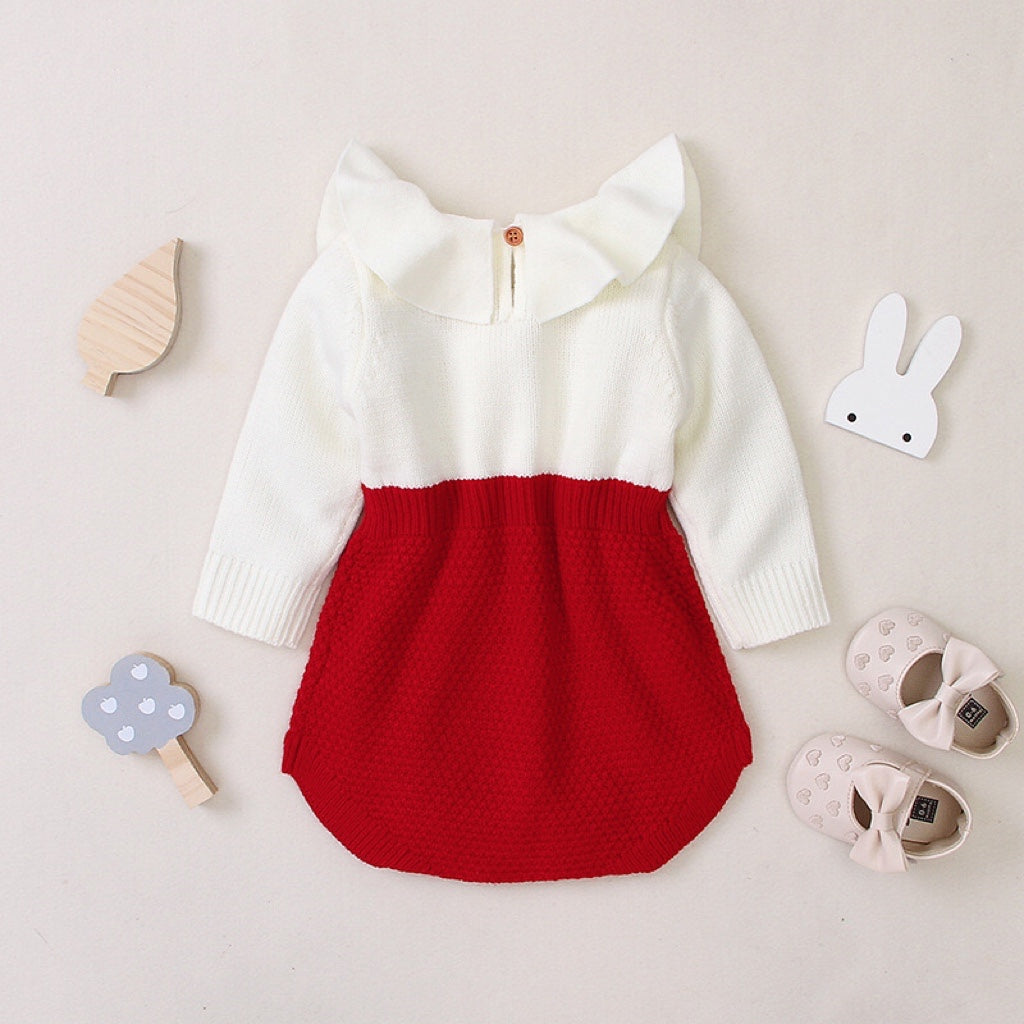 Baby Girl Contrast Graphic Ruffle Neck Design Long Sleeve Knitted bodysuit