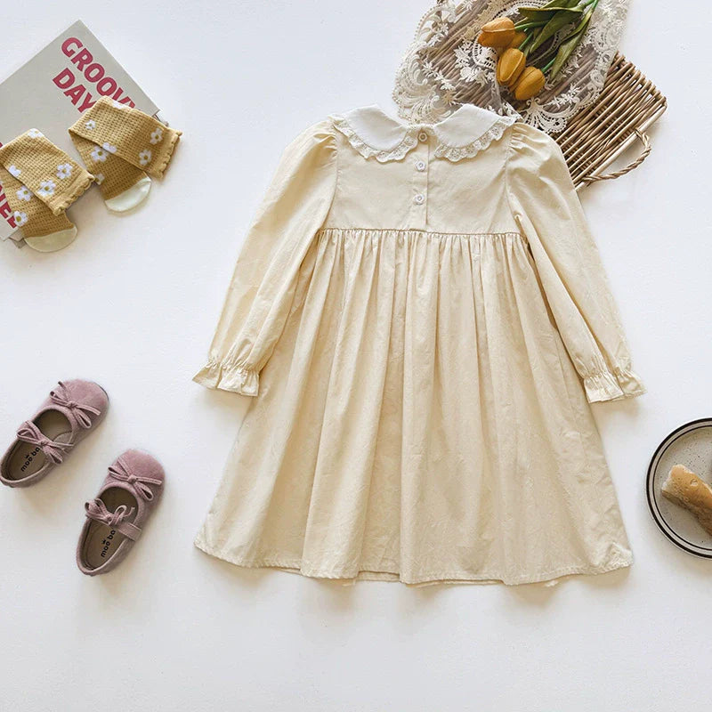 Autumn Arrival Baby Kids Girls Flowers Embroidery Pattern Long Sleeves Dress