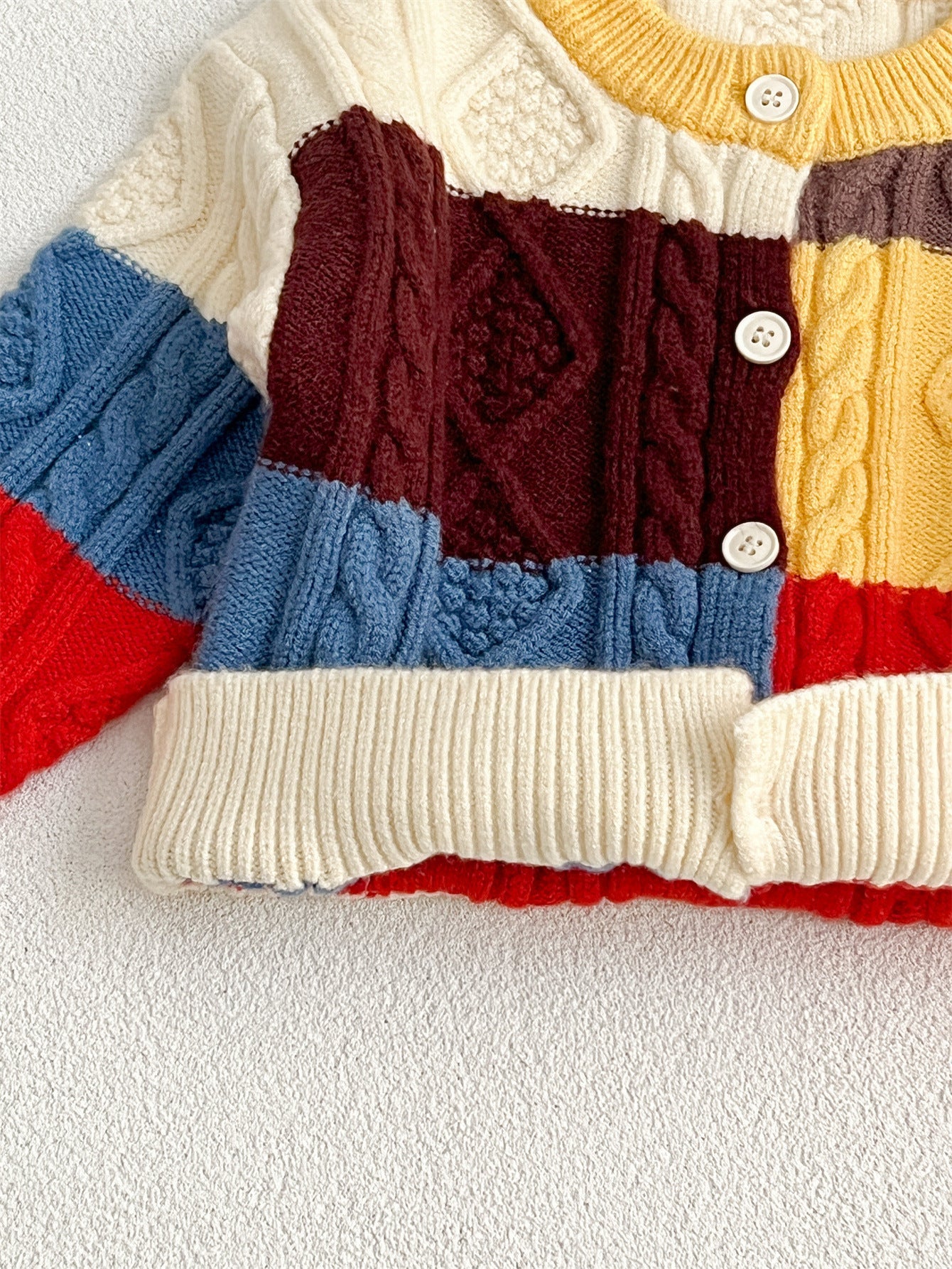 Autumn Design Baby Kids Unisex Color Patchwork Crew Neck Knitted Cardigan Knitwear