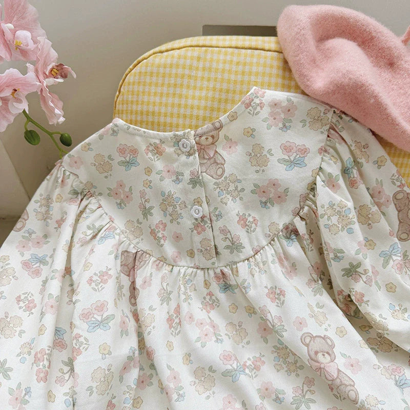 Arrival Autumn Girls Flowers and Teddy Bears Pattern Long Sleeves Dress